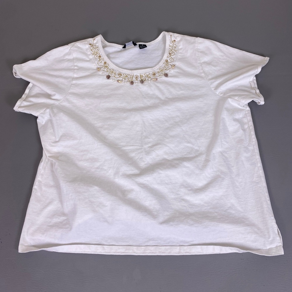 Reference Point NY White Cotton T-Shirt Plus 2X Gold‎ Shell Pearl Embroidery **